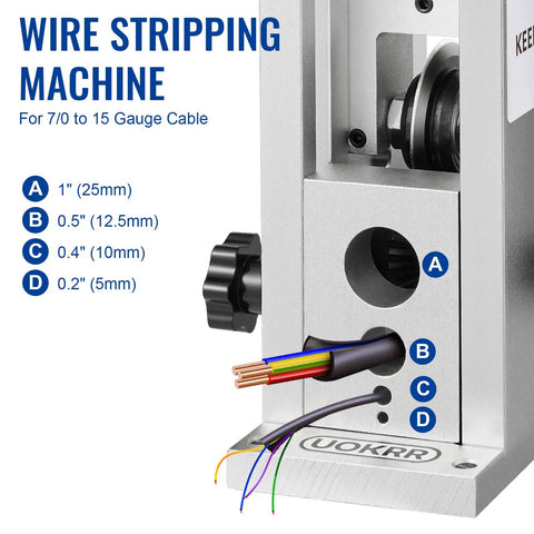 Manual Wire Stripper Machine For Drill With Hand Crank Portable 0.06 To 1 Inch Cable Stripping Tool showing cable sizes