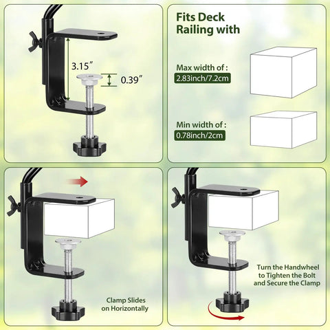 Heavy Duty 20 Inch Deck Hook With Swivel Wing Nut Design For Hummingbird Feeders Rust Proof Black Metal S Hook mounted on railing.
