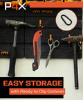 Folding Camp Saw With 8.5 Inch SK5 Steel Blade Heavy Duty Yet Lightweight Safety Lock Ergonomic Non Slip Grip hanging on pegboard with tools.