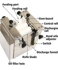 WYDDDARY Lab Three Roll Grinder With 304 Stainless Steel Housing showcasing feeding port, rolls, and knife blade for paste dispersion.