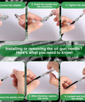 Hands demonstrating installation of Pro Grade Grease Gun Needle Tips Set With Straight And Bent Nozzles Dispenser Fittings For Precision Lubrication Universal Fit For Most Grease Guns Includes Adapter For Ball Joints Bushings Bearings And Rubber Boots