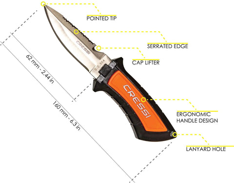 Compact Emergency Dive Knife with 62mm blade, ergonomic handle, and lanyard hole for scuba gear and spearfishing use with saltwater ready