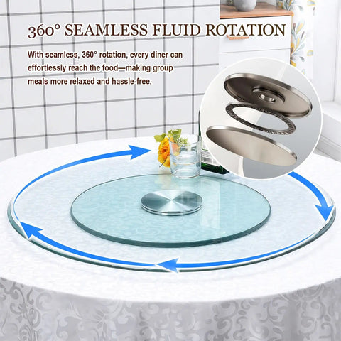 Tempered Glass Lazy Susan Tabletop Organizer With Smooth Silent Spin Large Serving Tray For Dining, shown with seamless rotation