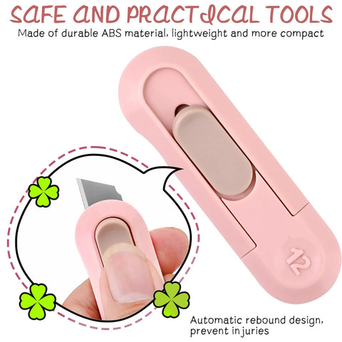 Retractable pink plastic box cutter for opening boxes, envelopes, and packages.