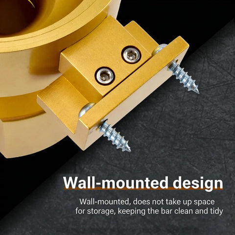 Close-up of wall-mounted coffee bean dispenser with gold metal screws, showing mounting design for storage efficiency.