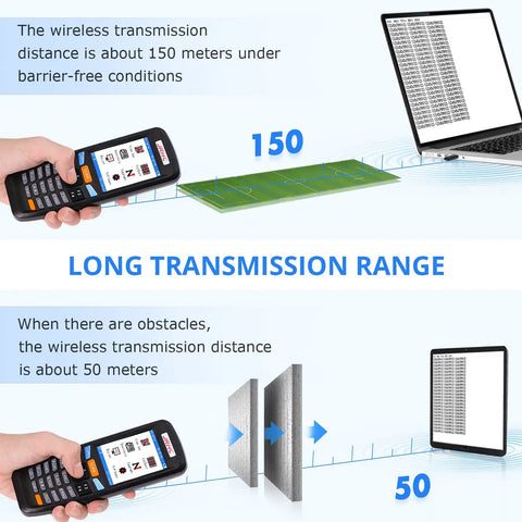 2.4G Wireless 1D Laser Barcode Scanner With 3 In 1 Inventory Counter And Data Collector showing transmission range