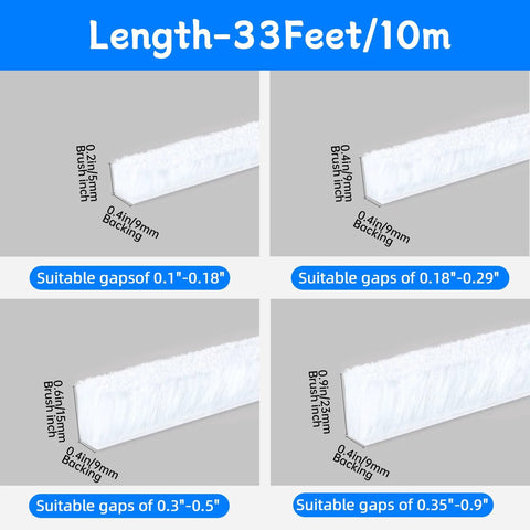 Front view of white felt-pile door brush seal, 33 ft long, 0.4 in by 0.4 in cross-section, self-adhesive backing.