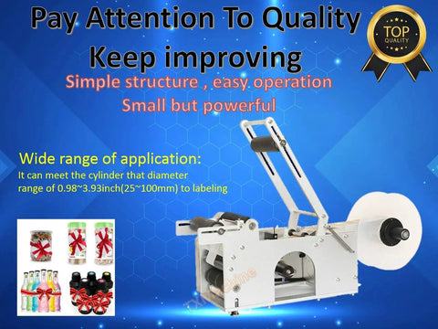 Badass Heavy Duty Semi Automatic Round Bottle Labeling Machine Zero Hassle Setup Quick 20 To 40 Bottles Per Minute showing a sleek design for labeling cylindrical bottles.