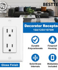 20 Pack Decorator Duplex Outlet, 15 Amp, 125 Volt, Non Tamper Resistant, White Wall Plate Included, UL Listed, Durable Polycarbonate Construction, Easy Install Receptacle For Home Or Office Reno shown with icons highlighting features.