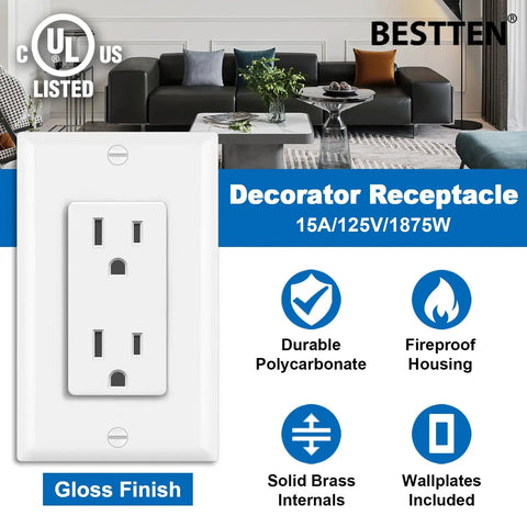 50 Pack 15 Amp Electrical Outlet Receptacles Non Tamper Resistant DIY Friendly With Decorator Wall Plate And Screws Included Gloss White Finish 125 Volt 1875 Watt UL Listed shown with features and certifications
