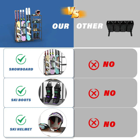 Freestanding Ski And Snowboard Rack Keeps Your Gnarly Shred Gear Totally Organized Holds three boards and ski boots with a helmet.