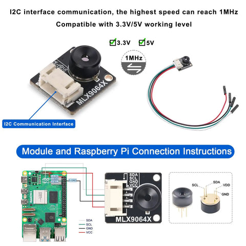 Thermal Imaging Camera MLX90640-D110 32x24 IR Array With I2C Interface For Raspberry Pi, Arduino, STM32 -40 To 300 C Range 110 Degree Field Of View Built For Industrial, Home And Scientific Research Tinkerers with I2C connection and wiring diagram