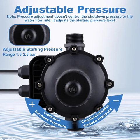 Water Pump Pressure Controller With Automatic Electronic Switch, Adjustable 1.5-2.5 Bar, front view showing adjustment markings