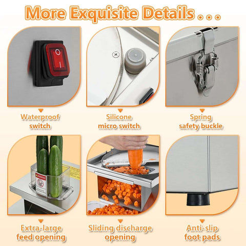 4-in-1 commercial vegetable processor with stainless steel body, waterproof switch, extra-large feed opening, sliding discharge, anti-slip foot pads.