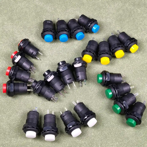 Pack Of 24 12mm Latching Push Button Switches SPST On Off AC 250V 1.5A And 125V 3A in assorted colors on display.