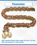 Beefy Three Eighths Inch Transport Binder Chain G80 Tow Chain With Grab Hooks Ten Feet Long 7100 Lb Safe Working Load