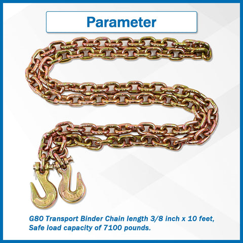 Beefy Three Eighths Inch Transport Binder Chain G80 Tow Chain With Grab Hooks Ten Feet Long 7100 Lb Safe Working Load