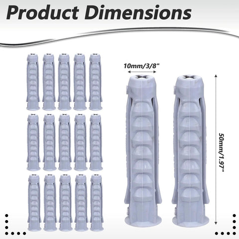 16 Pcs Concrete Wall Anchors 10x50mm Heavy Duty Plastic Anchors For TV Mount Installation For Concrete Or Brick Walls Ideal For Secure Mounting And Multiple Projects Ideal For Masonry Projects And DIY Mounting In Concrete Or Brick Walls With Reliable Grip, showing product dimensions 10mm x 50mm