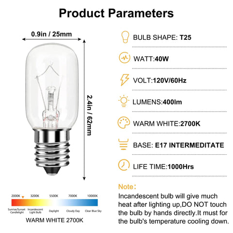 40W Microwave Light Bulb For Appliances And Range Hoods Like Fridge Replacements Lava Lamp Style T8 125V E17 Intermediate Base Warm White 400 Lumens Pack Of 4 product parameters