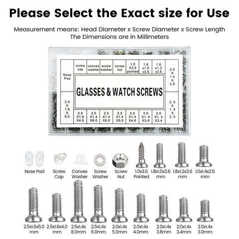 Assorted screws and components from Grab And Go All In One Eyeglass Repair Kit With 1000 Small Screws Nuts Washers Nose Pads And Curved Tweezers Micro Screwdriver For Sunglasses Watches And Everyday Clocks.