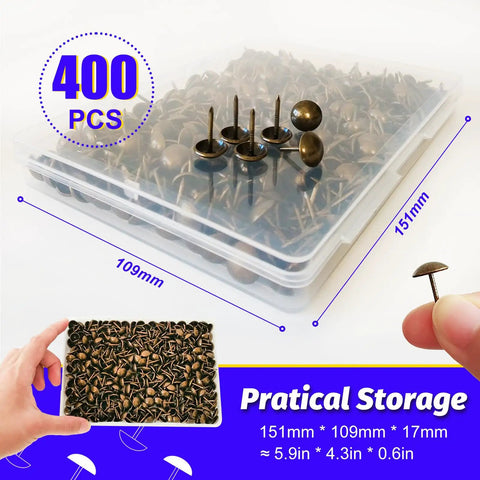 Top Shelf Heavy Duty Upholstery Tacks For Sofa And Furniture 400 Piece Pack in storage container with visible brass finish heads