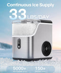 Countertop Nugget Ice Maker Delivers Soft Pebble Ice In Minutes, 33 lbs per day, compact self cleaning ice machine on counter