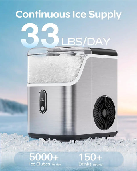 Countertop Nugget Ice Maker Delivers Soft Pebble Ice In Minutes, 33 lbs per day, compact self cleaning ice machine on counter