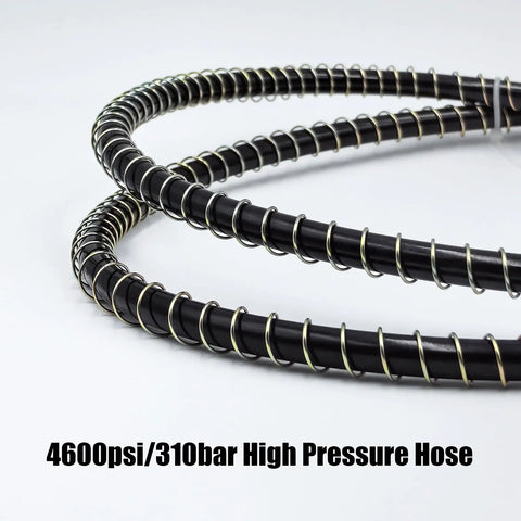 Close-up of 37-inch high-pressure 4600 psi hose from Heavy Duty Paintball And Airsoft Tank Fill Station, stainless steel spring protector.
