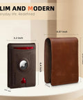 AirTag Compatible Slim RFID Blocking Leather Wallet For Men, Bifold Card Holder With Bill Compartment, 11 Card Slots And Quick-Access Front Slot, No Money Clip, Everyday Carry Gift For Him Dad, measured dimensions shown.