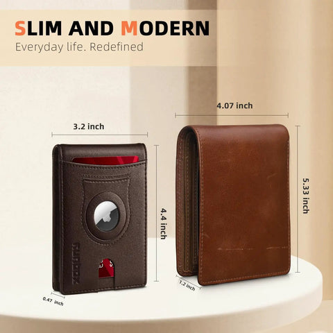AirTag Compatible Slim RFID Blocking Leather Wallet For Men, Bifold Card Holder With Bill Compartment, 11 Card Slots And Quick-Access Front Slot, No Money Clip, Everyday Carry Gift For Him Dad, measured dimensions shown.