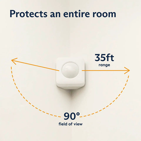 Motion sensor from 11 Piece Wireless Home Security System Gen 3 With Wireless Indoor HD Camera, Plug And Play Setup, Optional 24 Seven Professional Monitoring, No Contract, Compatible With Alexa And Google Assistant, White, showing 35ft range.