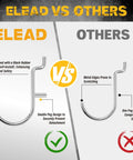 Comparison chart showing ELead hook with secure double peg design versus other single peg hook prone to detachment.