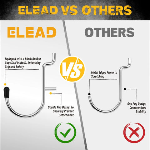 Comparison chart showing ELead hook with secure double peg design versus other single peg hook prone to detachment.