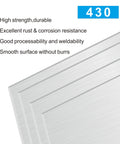Front view of four brushed stainless steel sheets, 8x12 inches, 0.8 mm thick