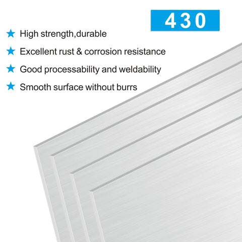 Front view of four brushed stainless steel sheets, 8x12 inches, 0.8 mm thick