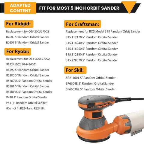 Compatibility chart for 5 Inch Sander Replacement Pad Kit With 4 Hook and Loop Foam Backing Pads and 30 Sanding Discs for various brands.