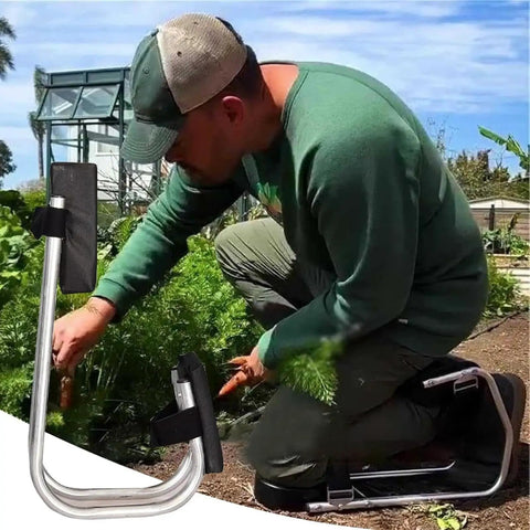 Gardener using Set Of 2 Knee Seats For Gardening, Strap On Kneeling Pads For One Leg Support, ergonomic outdoor work accessory.