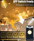 App Remote Solar String Lights 50Ft Waterproof Edison Bulbs for balcony or umbrella, app-controlled dimmable lighting scenes
