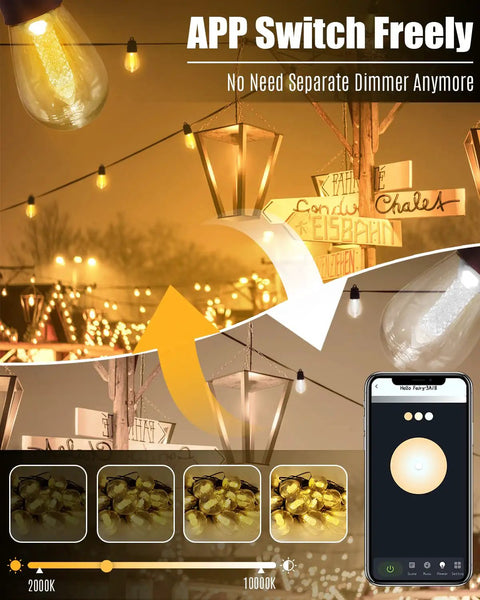 App Remote Solar String Lights 50Ft Waterproof Edison Bulbs for balcony or umbrella, app-controlled dimmable lighting scenes