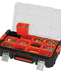 Workhorse Light Duty Modular Rolling Toolbox System with Telescopic Handle and Mobile Base with open top containing bins with hardware.