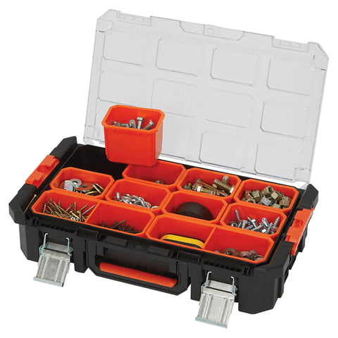 Workhorse Light Duty Modular Rolling Toolbox System with Telescopic Handle and Mobile Base with open top containing bins with hardware.