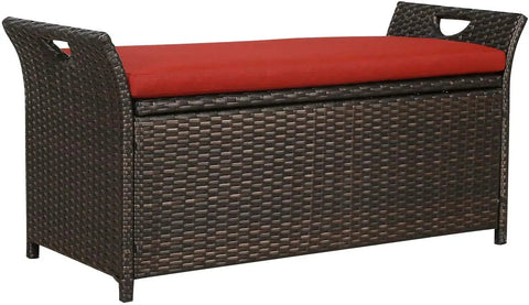 Outdoor Deck Storage Box And Wicker Storage Bench In Red Rattan Storage Chest With Cushion For Patio Garden Weather Resistant