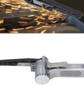 Rock Solid Quarter Inch Pneumatic Belt Sander Hella Durable Stainless Steel Handheld Angle Grinder top view with spark scene