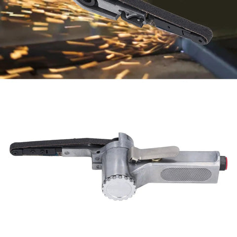 Rock Solid Quarter Inch Pneumatic Belt Sander Hella Durable Stainless Steel Handheld Angle Grinder top view with spark scene
