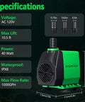 Specifications of Forty Watt Ultra Quiet Fountain Submersible Pump With Up To 800 GPH Flow And 10 Ft Lift, 3 Nozzles