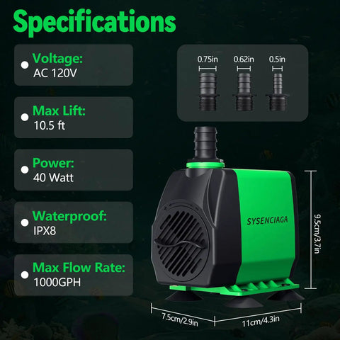 Specifications of Forty Watt Ultra Quiet Fountain Submersible Pump With Up To 800 GPH Flow And 10 Ft Lift, 3 Nozzles