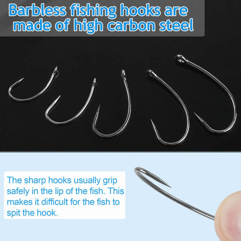 Fishing Hooks Kit 200 Pcs Barbless Circle And Curve Shank Carp Hooks for live bait with high carbon steel construction.
