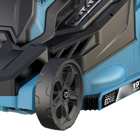 Close-up of wheel on Powerful 13 Amp Corded Electric Lawn Mower With 19 Inch Deck Mulch Or Bag Option Grass Catcher