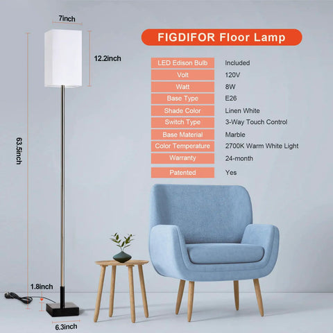 Tall Floor Lamp With Linen Shade For Living Room And Bedroom - Modern Standing Light with silver finish beside a blue chair
