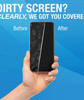 Image showing before-and-after effect of Dope All In One Electronics Cleaning Spray Kit With Microfiber Towel For TV Phone Monitor Laptop Keyboard Tablet And More Safe Gentle Screen Cleaner 16 Ounce Kit on a mobile screen.